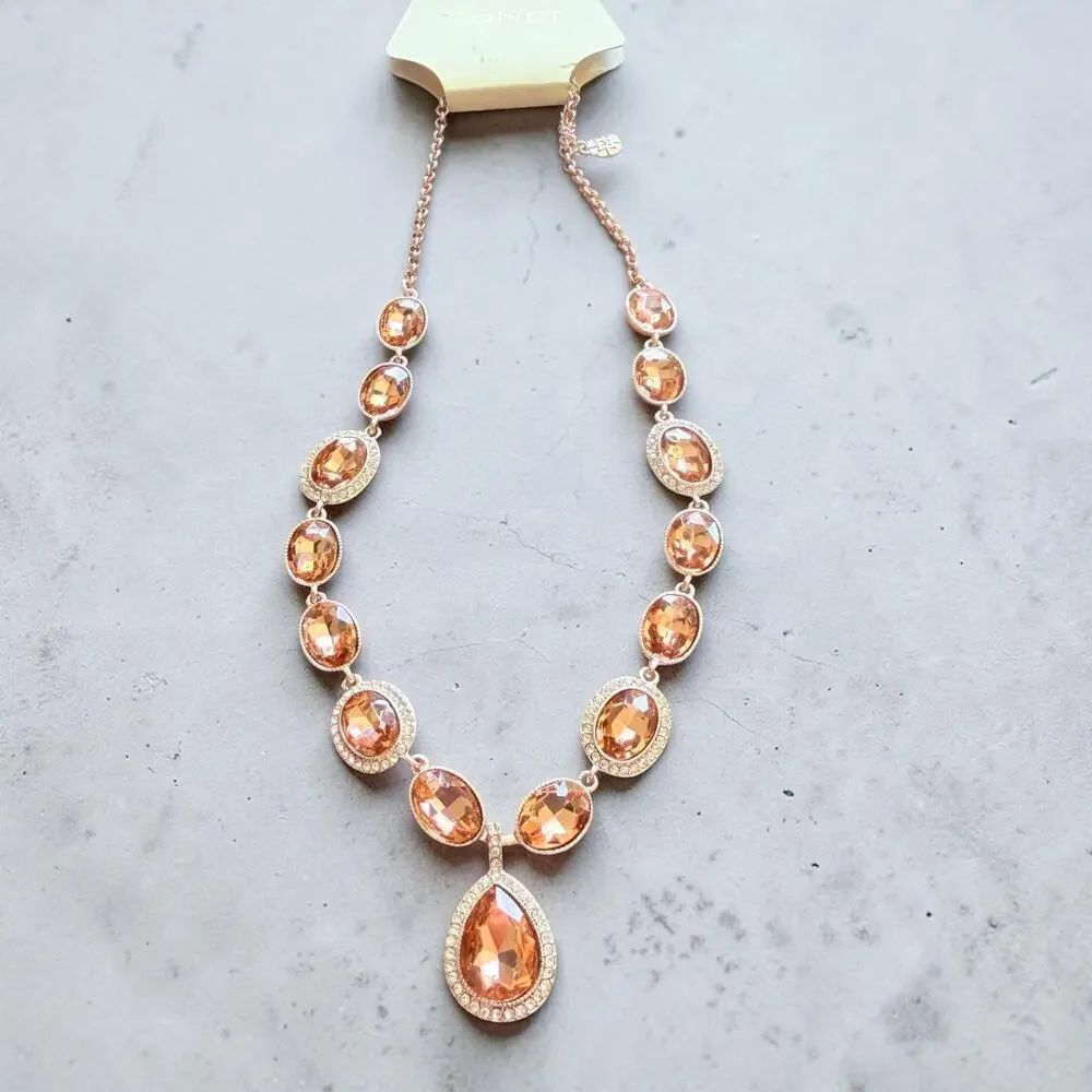 Vintage Monet Gold Tone Champagne Crystal Statement Necklace NWT